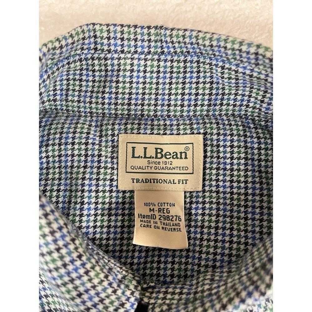 LL Bean 298276 Traditional Fit Blue Green White Houndstooth Flannel Men's M Reg - Picture 4 of 7